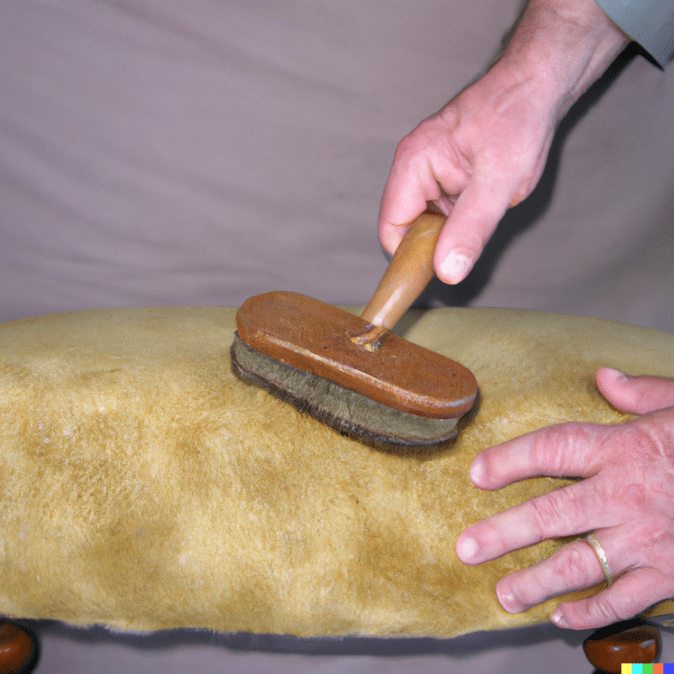 photograph of a person standing in front of a piece of suede furniture or clothing, holding a soft-bristled brush specifically designed for cleaning suede. The person should be gently brushing the surface of the suede with the brush, removing any remaining dirt or stains. The background should be a neutral color or could show additional furniture or clothing items.